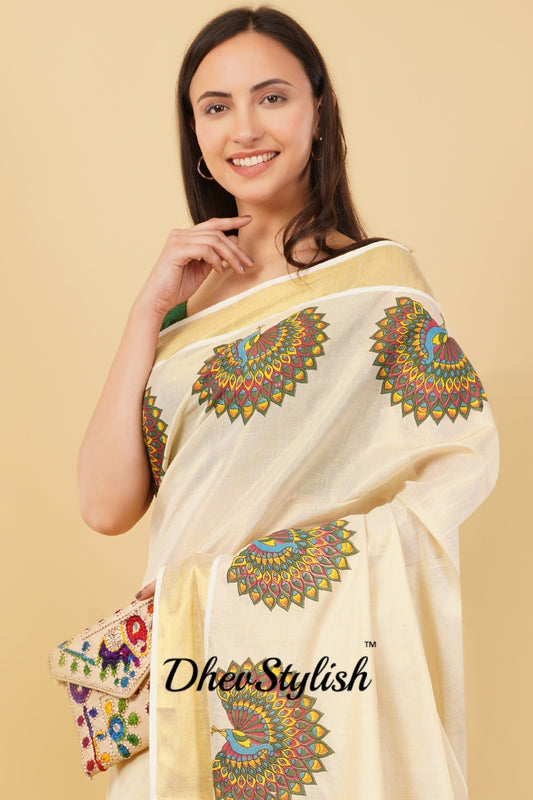 DhevStylish Kerala Kasavu Golden Tissue with Fancy Peacock Design Print Saree with Running Blouse | Tissue Saree For Women | Blue, Green, Red