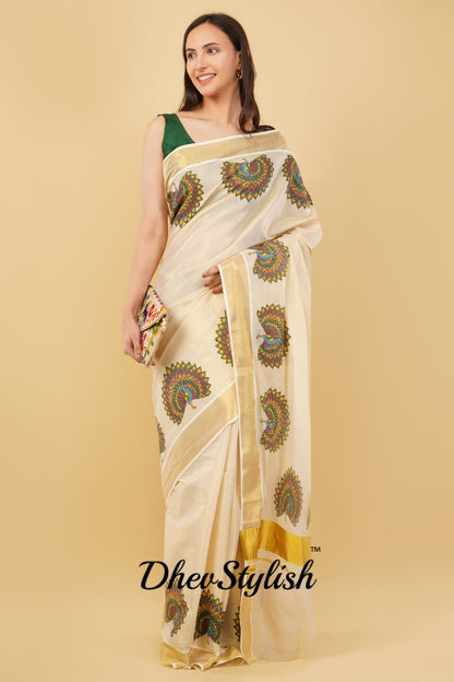 DhevStylish Kerala Kasavu Golden Tissue with Fancy Peacock Design Print Saree with Running Blouse | Tissue Saree For Women | Blue, Green, Red