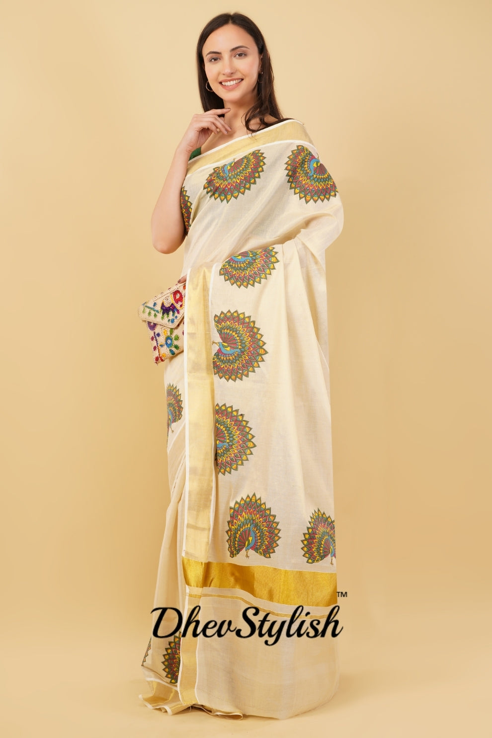 DhevStylish Kerala Kasavu Golden Tissue with Fancy Peacock Design Print Saree with Running Blouse | Tissue Saree For Women | Blue, Green, Red