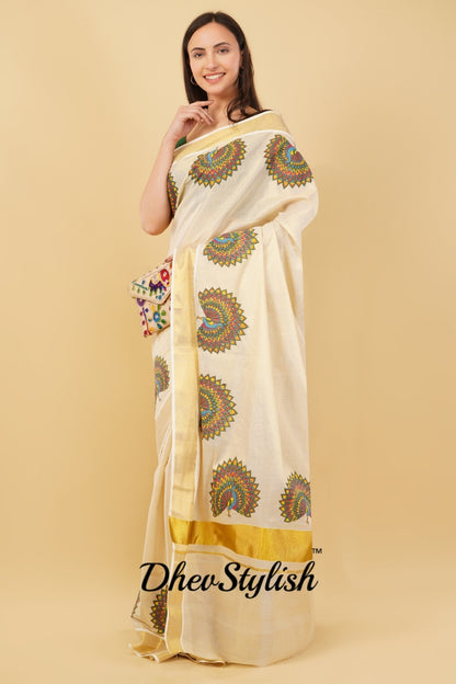 DhevStylish Kerala Kasavu Golden Tissue with Fancy Peacock Design Print Saree with Running Blouse | Tissue Saree For Women | Blue, Green, Red