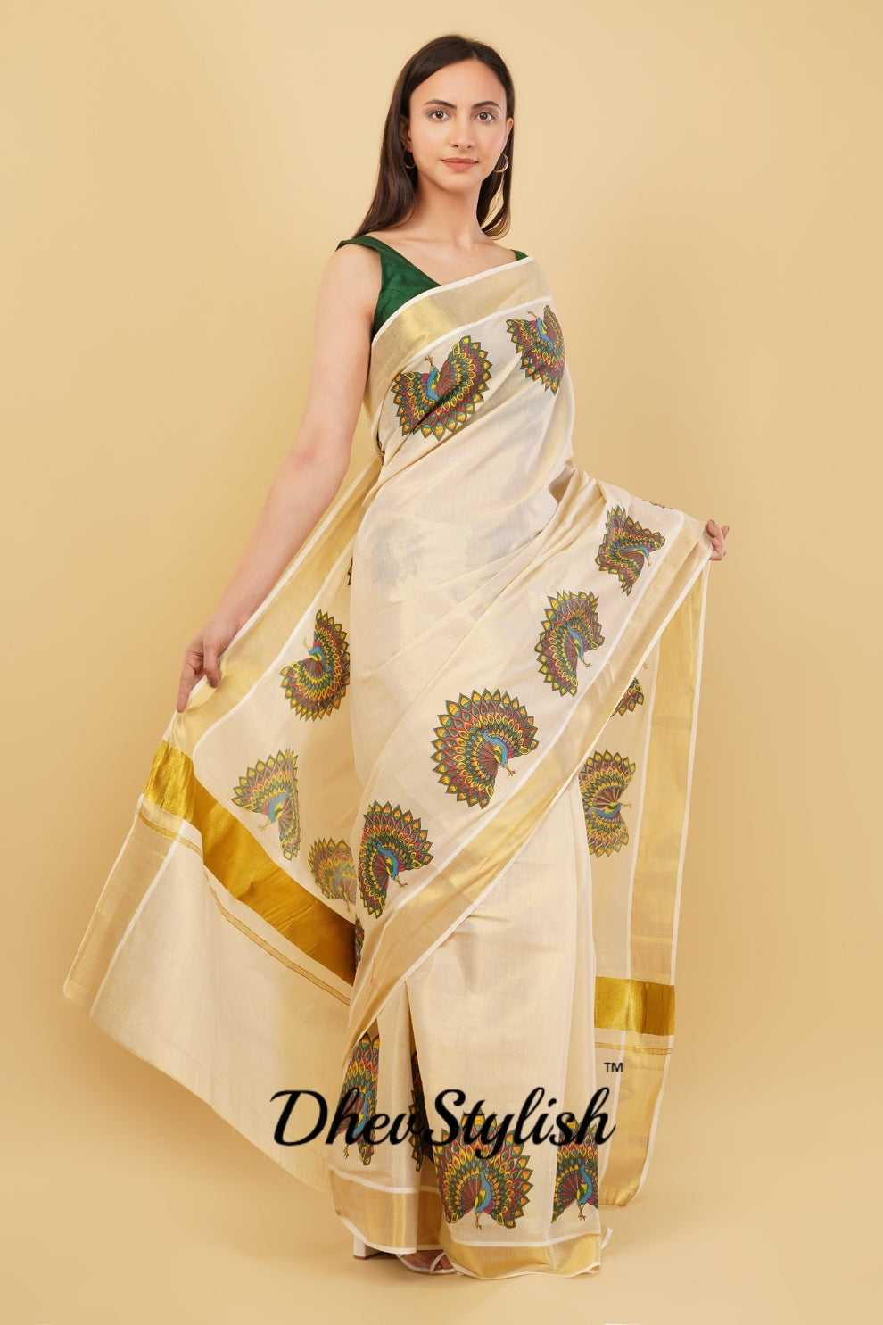 DhevStylish Kerala Kasavu Golden Tissue with Fancy Peacock Design Print Saree with Running Blouse | Tissue Saree For Women | Blue, Green, Red