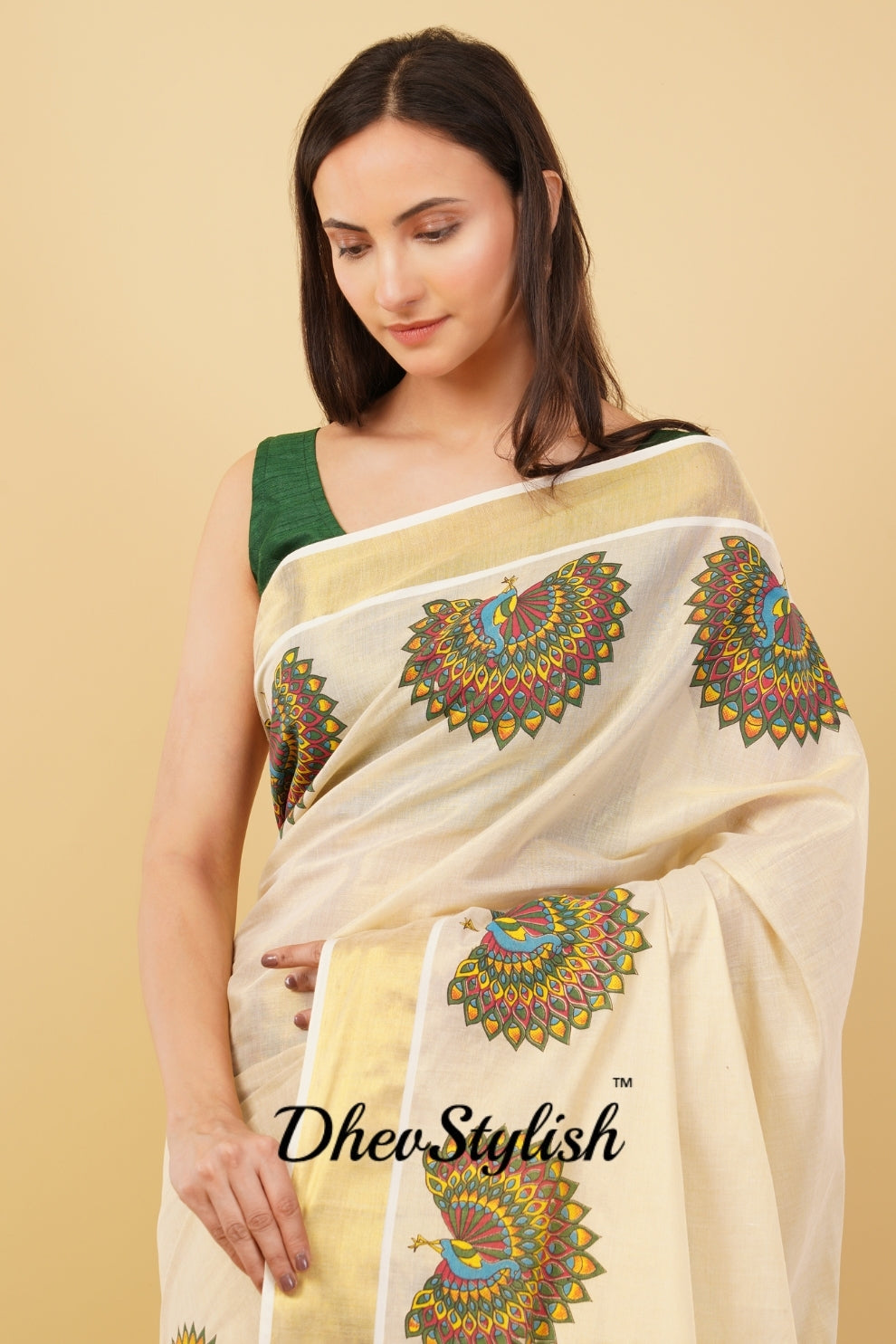 DhevStylish Kerala Kasavu Golden Tissue with Fancy Peacock Design Print Saree with Running Blouse | Tissue Saree For Women | Blue, Green, Red