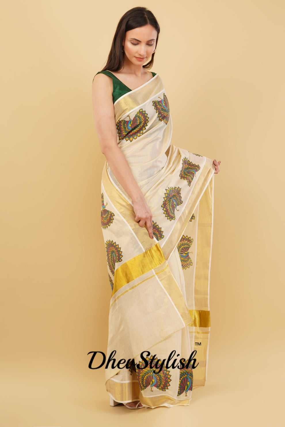 DhevStylish Kerala Kasavu Golden Tissue with Fancy Peacock Design Print Saree with Running Blouse | Tissue Saree For Women | Blue, Green, Red