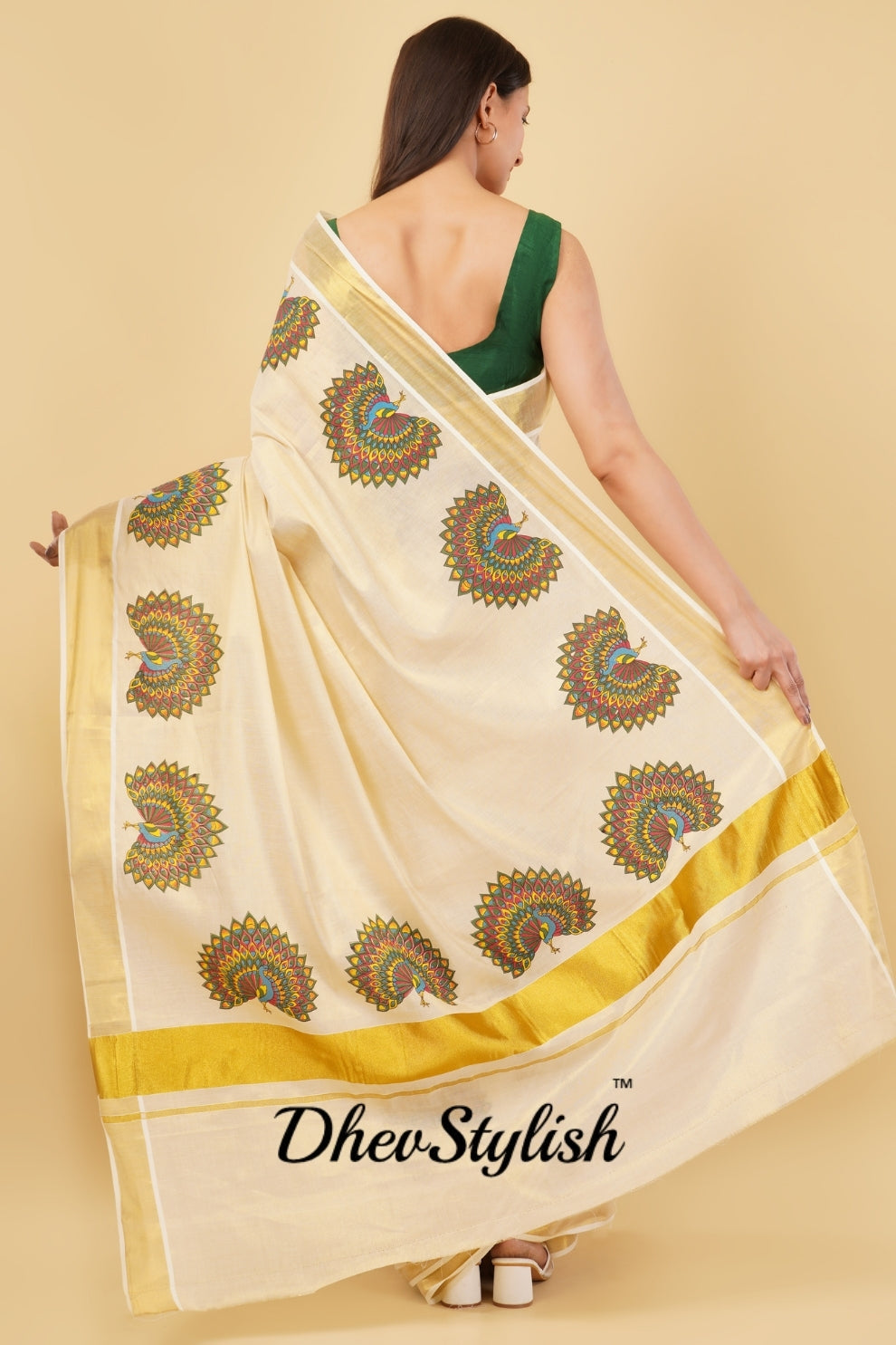 DhevStylish Kerala Kasavu Golden Tissue with Fancy Peacock Design Print Saree with Running Blouse | Tissue Saree For Women | Blue, Green, Red