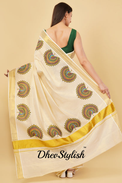 DhevStylish Kerala Kasavu Golden Tissue with Fancy Peacock Design Print Saree with Running Blouse | Tissue Saree For Women | Blue, Green, Red