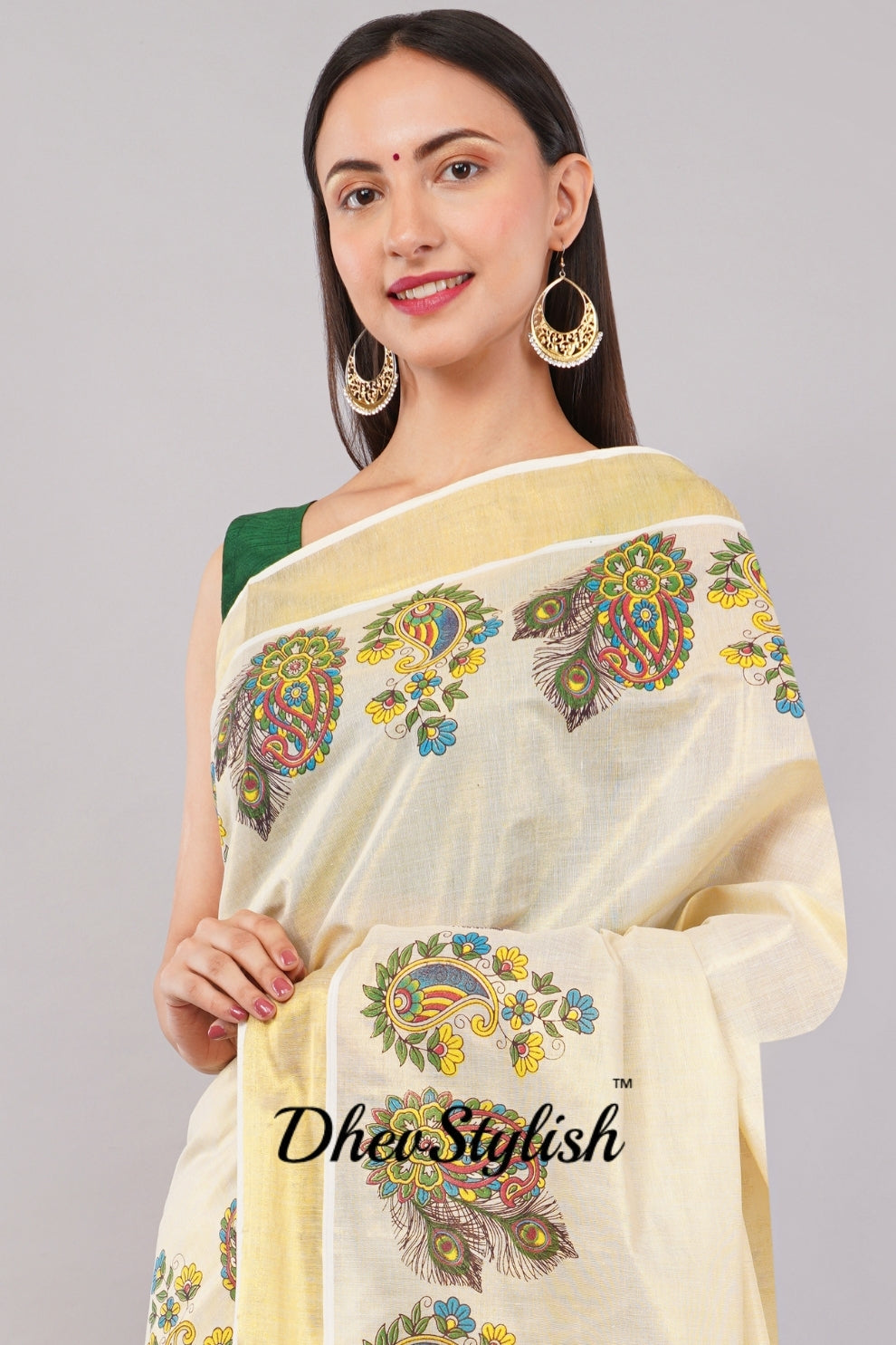 DhevStylish Kerala Kasavu Golden Tissue with Flower Design Print Saree with Running Blouse | Green, Gold