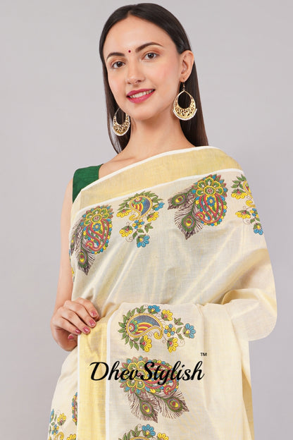 DhevStylish Kerala Kasavu Golden Tissue with Flower Design Print Saree with Running Blouse | Green, Gold