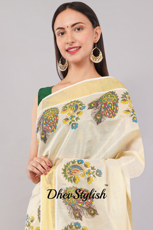 DhevStylish Kerala Kasavu Golden Tissue with Flower Design Print Saree with Running Blouse | Green, Gold