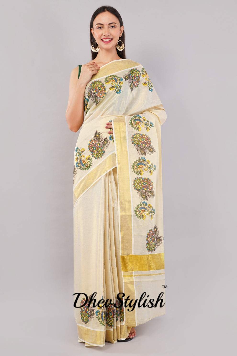 DhevStylish Kerala Kasavu Golden Tissue with Flower Design Print Saree with Running Blouse | Green, Gold
