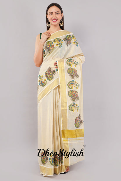 DhevStylish Kerala Kasavu Golden Tissue with Flower Design Print Saree with Running Blouse | Green, Gold