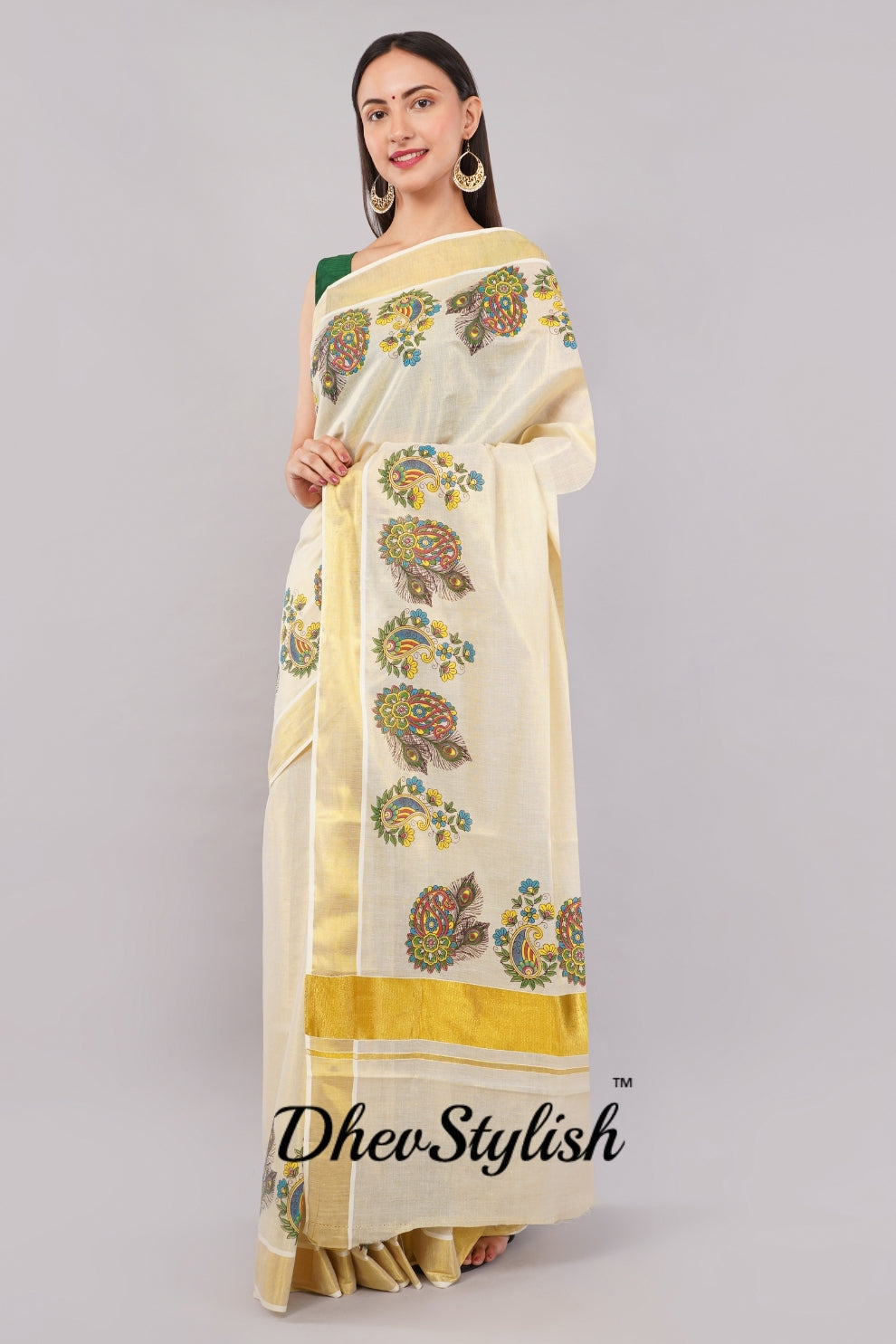 DhevStylish Kerala Kasavu Golden Tissue with Flower Design Print Saree with Running Blouse | Green, Gold