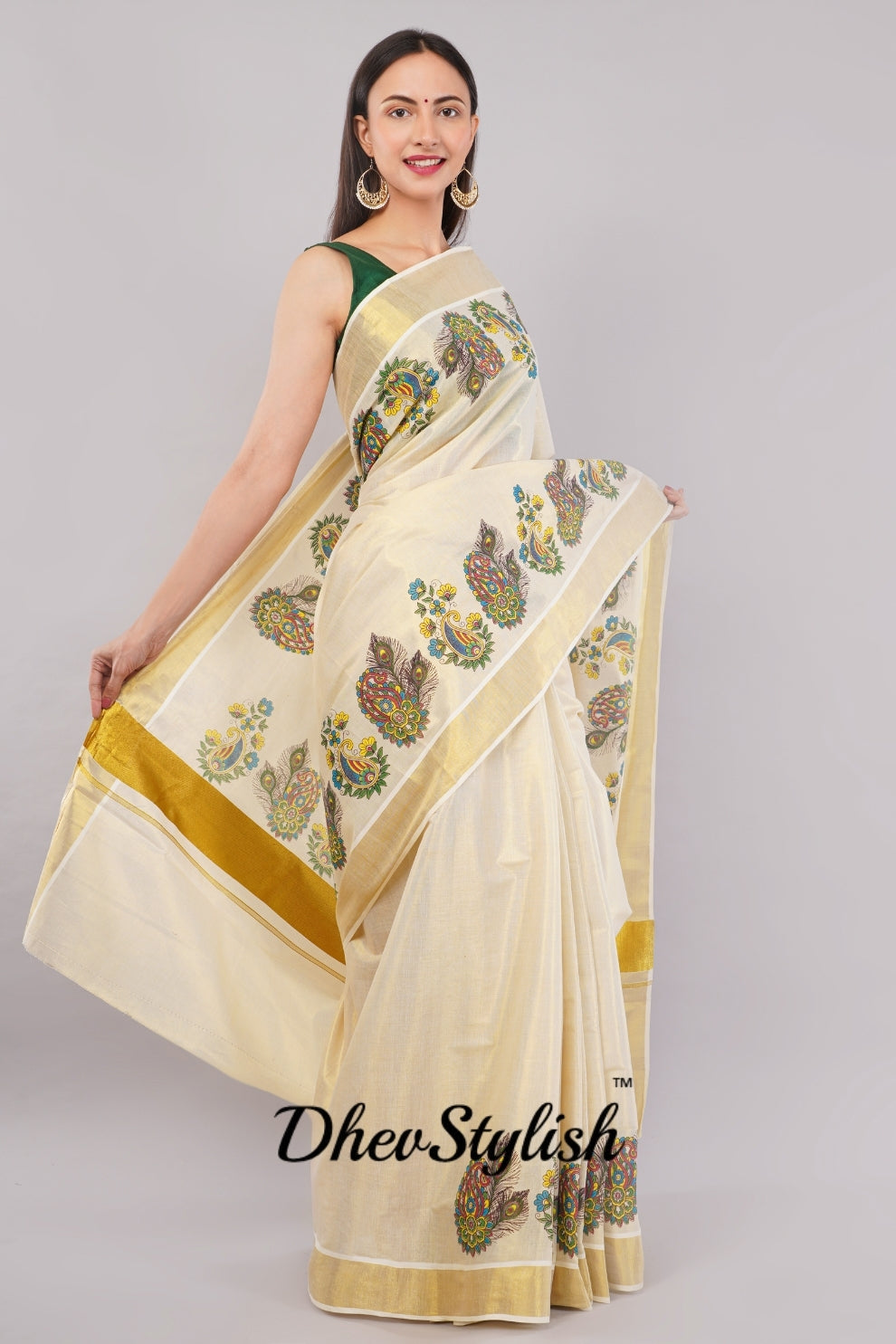 DhevStylish Kerala Kasavu Golden Tissue with Flower Design Print Saree with Running Blouse | Green, Gold
