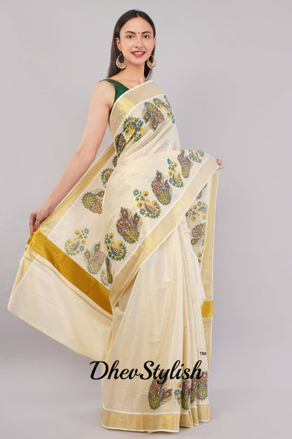 DhevStylish Kerala Kasavu Golden Tissue with Flower Design Print Saree with Running Blouse | Green, Gold