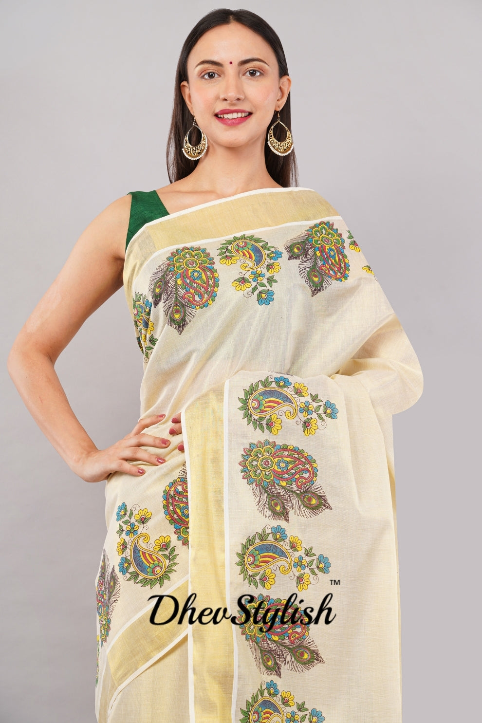 DhevStylish Kerala Kasavu Golden Tissue with Flower Design Print Saree with Running Blouse | Green, Gold