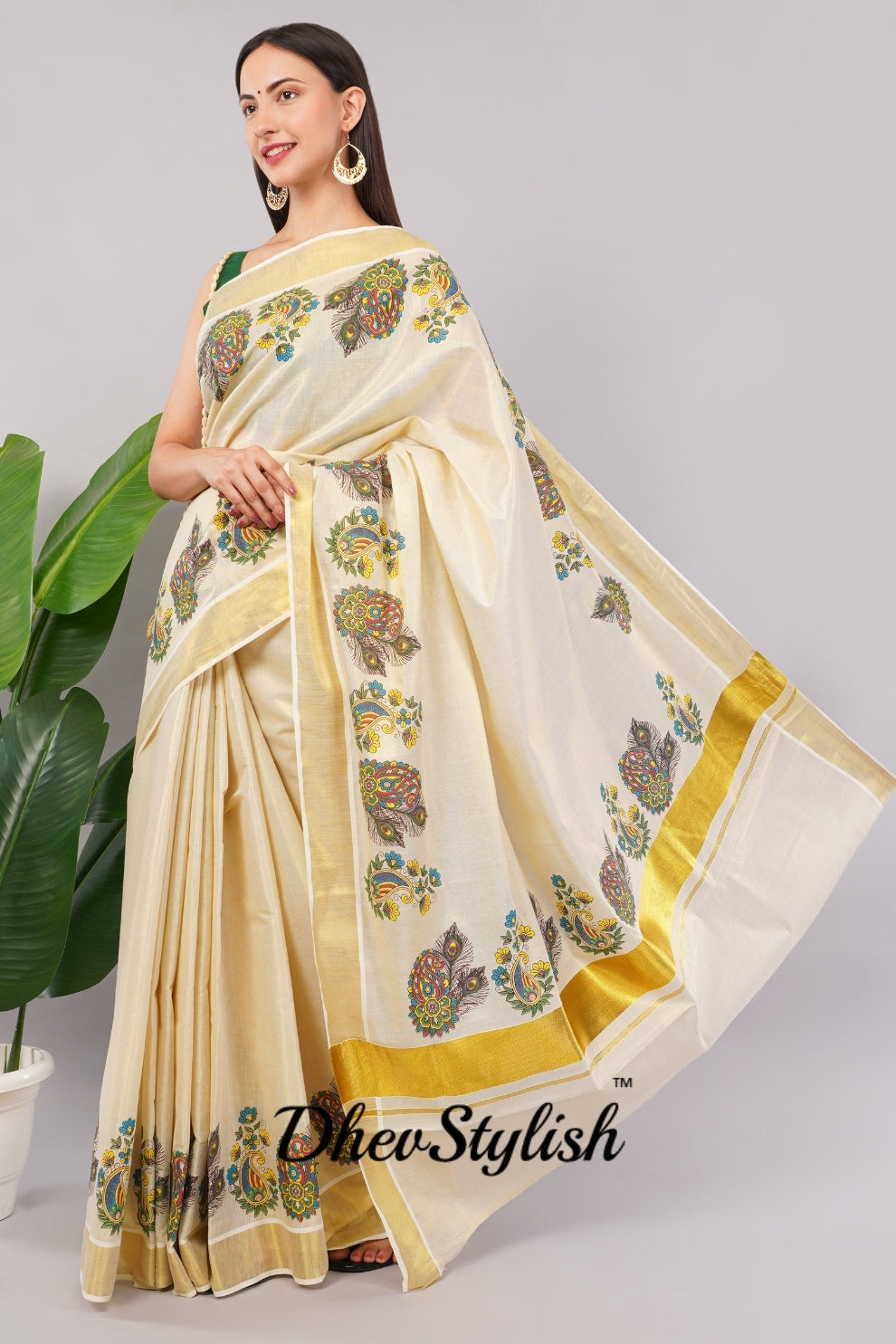 DhevStylish Kerala Kasavu Golden Tissue with Flower Design Print Saree with Running Blouse | Green, Gold