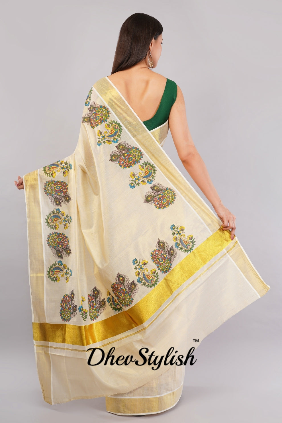 DhevStylish Kerala Kasavu Golden Tissue with Flower Design Print Saree with Running Blouse | Green, Gold