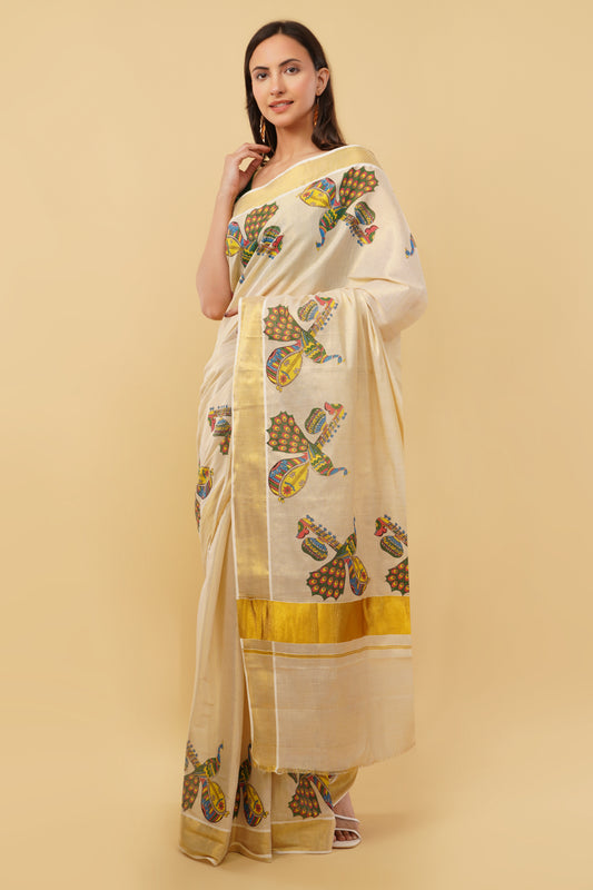 DhevStylish Kerala Kasavu Golden Tissue with Fancy Peacock Design Print Saree with Running Blouse | Blue, Green, Red