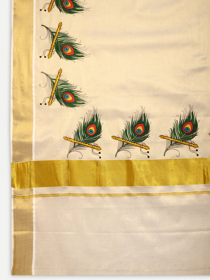 DhevStylish Kerala Kasavu Golden Tissue with Peacock Feather Print Saree with Running Blouse | Green, Red