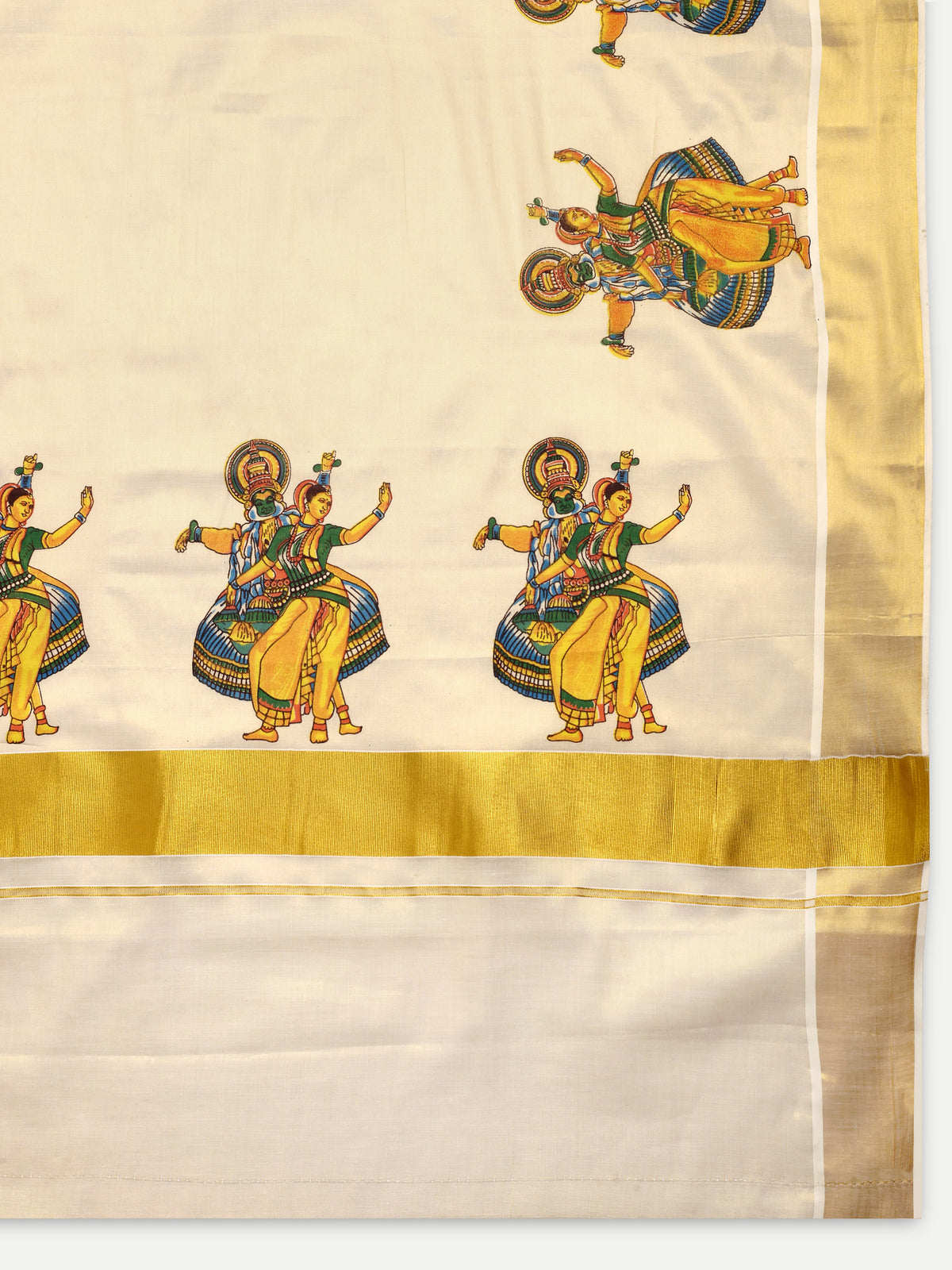 DhevStylish Kerala Kasavu Golden Tissue with Kathakali Print Saree with Running Blouse | Green, Golden Yellow